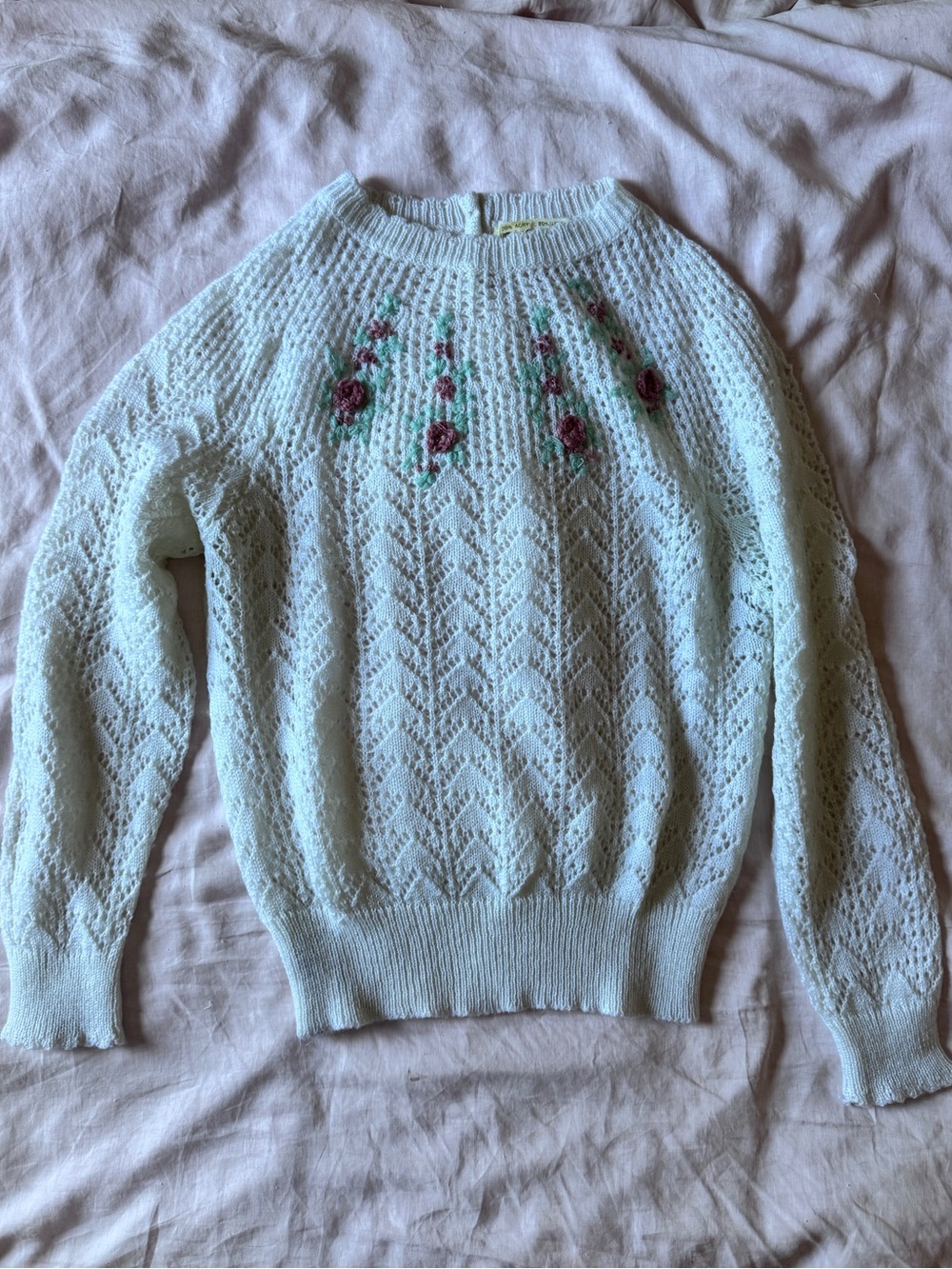 Vintage Floral Embroidered Eyelet Knit Sweater